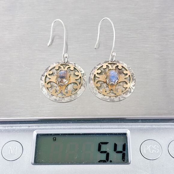 Vintage Sterling Silver 925 Earrings | Labradorite Gold Tone Dangle Disc Jewelry - Picture 9 of 9